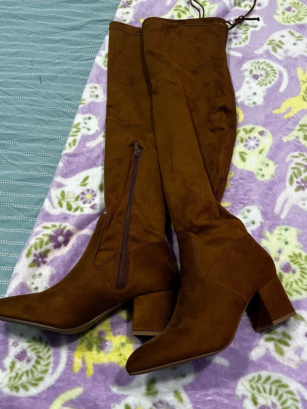 Women's Faux Brown Suede Knee-High Block Heel Boots. 24 inches tall